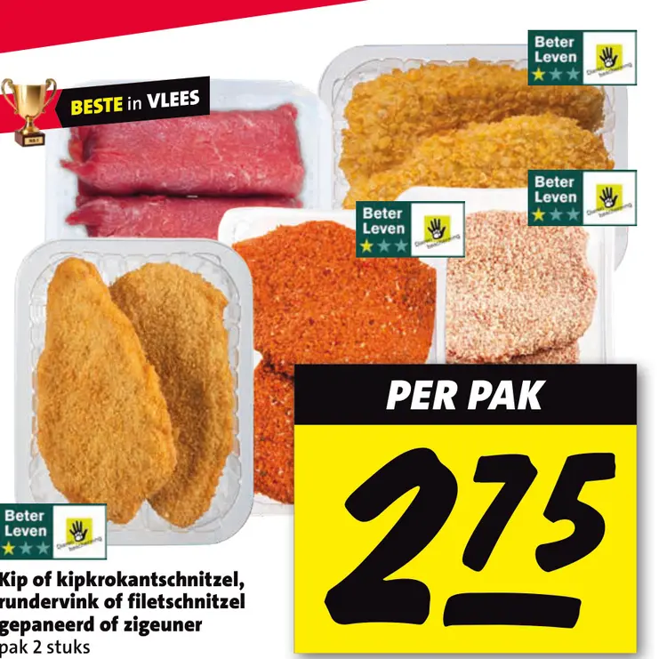 Aanbieding: Kip of kipkrokantschnitzel, rundervink of filetschnitzel gepaneerd of zigeuner