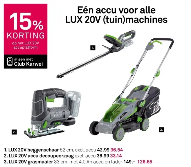 Aanbieding: Heggenschaar, accu decoupeerzaag of grasmaaier