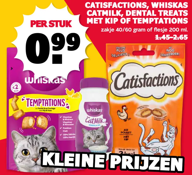 Aanbieding: Catisfactions, Whiskas catmilk, dental treats met kip of temptations