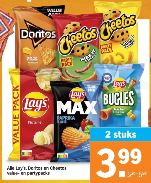 Aanbieding: Lay's, Doritos en Cheetos value- en partypack