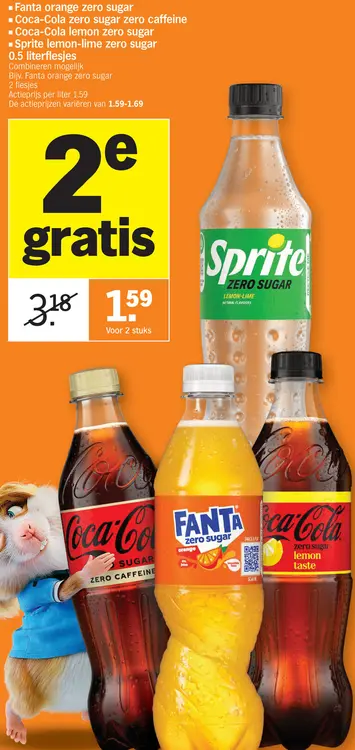 Promotie: Fanta orange zero suguar, Coca-Cola zero sugar, Sprite lemon-lime zero sugar 0.5 liter flesjes