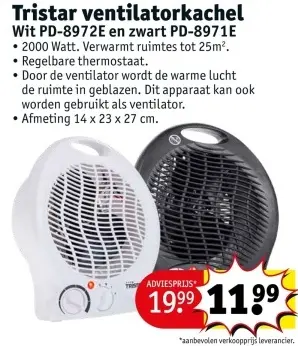 Promotie: Tristar ventilatorkachel Wit PD-8972E en zwart