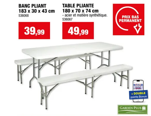 Offre: Garden Plus banc pliant 183x30 cm