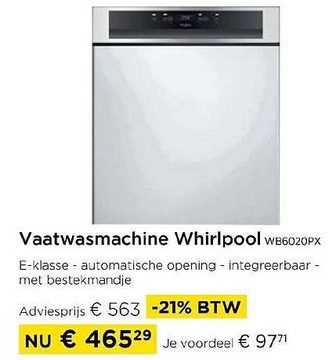 Aanbieding: Vaatwasmachine Whirlpool WB6020PX