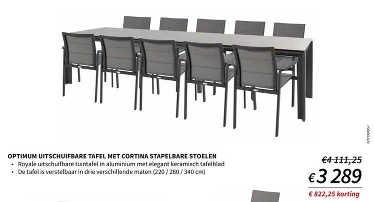 Promotie: Optimum uitschuifbare tafel met CORTINA stapelbare stoelen