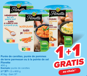 Offre: Purée de carottes, purée de pommes de terre parmesan ou à la pointe de sel