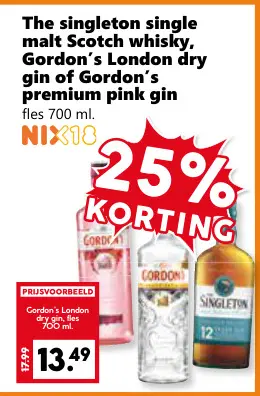 Aanbieding: The singleton single malt Scotch whisky, Gordon's London dry gin of Gordon's premium pink gin