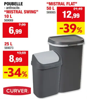 Offre: Curver Mistral Swing poubelle 10l anthracite