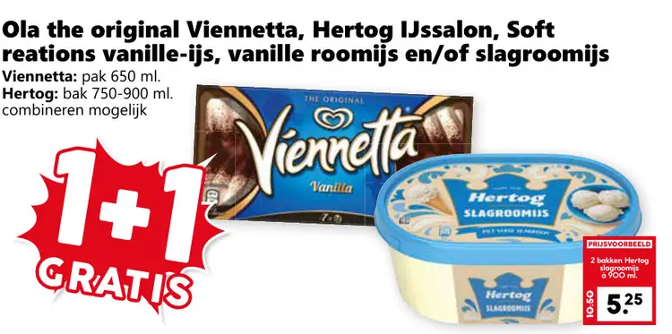 Aanbieding: The Original Viennetta, Hertog IJssalon, Soft vanille-ijs, vanille roomijs en/of slagroomijs