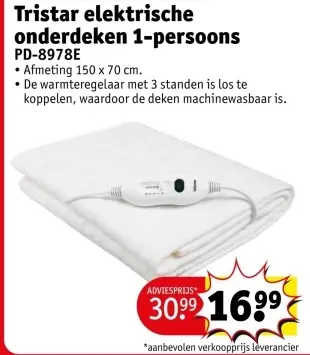 Aanbieding: Tristar elektrische onderdeken 1-persoons