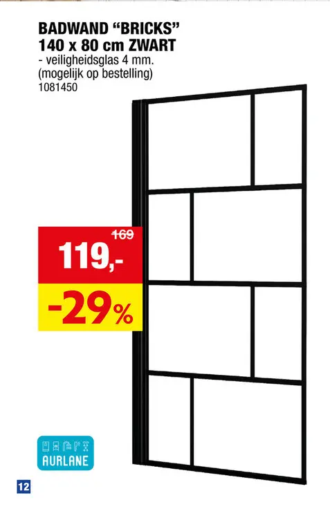 Promotie: Aurlane Bricks badwand 140x80 cm zwart
