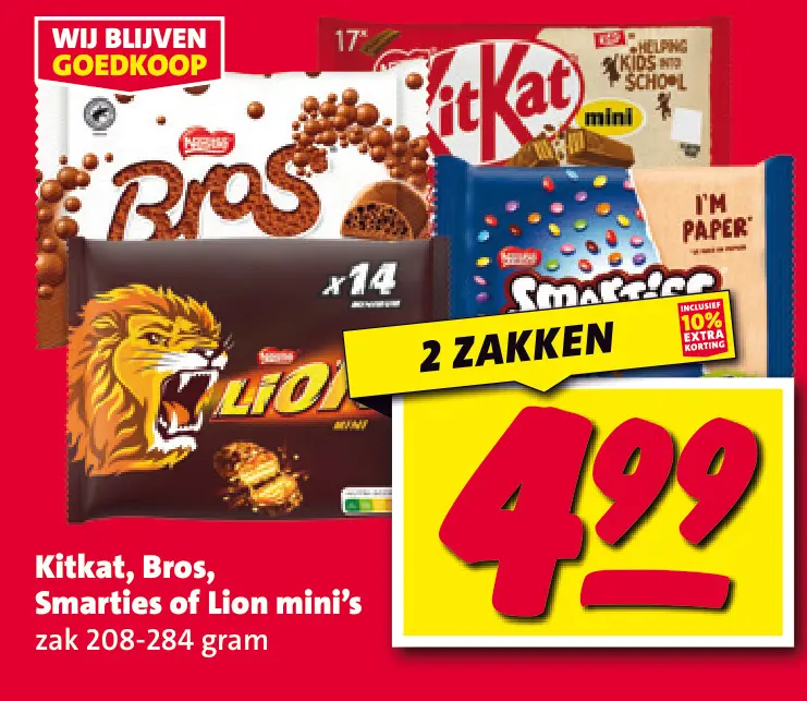 Aanbieding: Kitkat, Bros, Smarties of Lion mini's