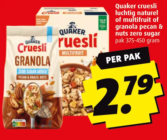 Aanbieding: Quaker cruesli luchtig naturel of multifruit of granola pecan & nuts zero sugar