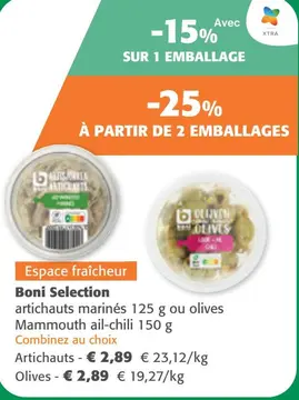 Offre: Artichauts marinés ou olives Mammouth ail-chi