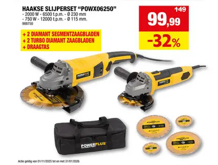 Promotie: Powerplus POWX06250 haakse slijper 2000W 230mm + 750W 115mm