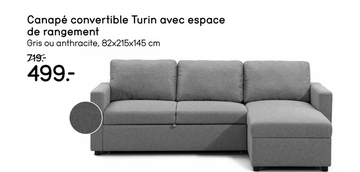 Offre: Canapé convertible Turijn avec espace de rangement - gris - 82x215x145 cm