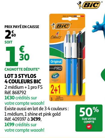 Offre: Lot 3 stylos 4 couleurs BIC