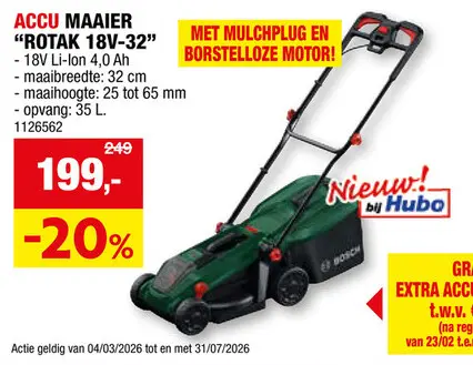 Promotie: Bosch Rotak 18V2-32 accu grasmaaier 18V Li-Ion 32cm + lader