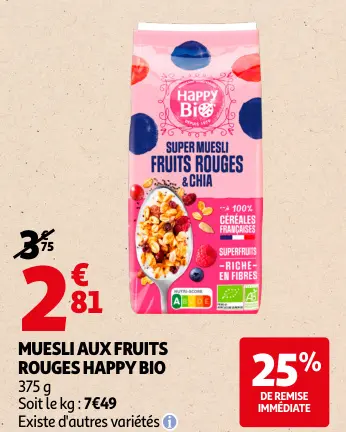 Offre: Happy Bio Muesli aux fruits rouges