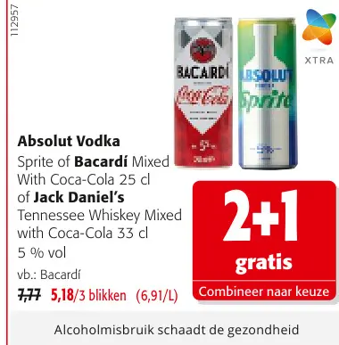 Promotie: Absolut Vodka Sprite or Bacardí Mixed With Co