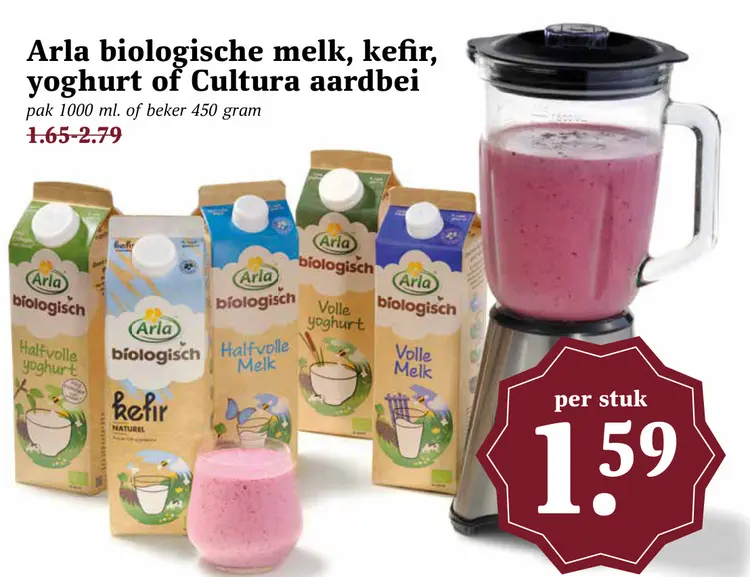 Aanbieding: biologische melk, kefir, yoghurt of Cultura aardbei
