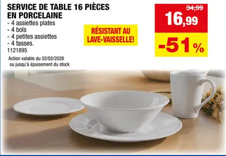 Offre: Service table porcelaine blanc set de 16