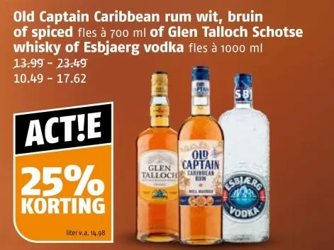 Aanbieding: Old Captain Caribbean rum wit, bruin of spiced of Glen Talloch Schotse whisky of Esbjaerg vodka