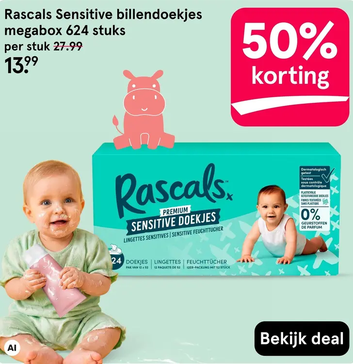 Aanbieding: Rascals Sensitive billendoekjes megabox