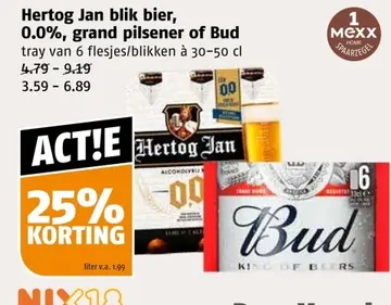 Aanbieding: Hertog Jan blik bier, 0.0%, grand pilsener of Bud
