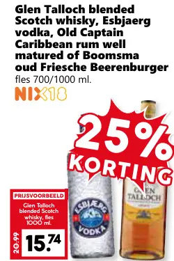 Aanbieding: Glen Talloch blended Scotch whisky, Esbjaerg vodka, Old Captain Caribbean rum well matured of Boomsma oud Friesche Beerenburger