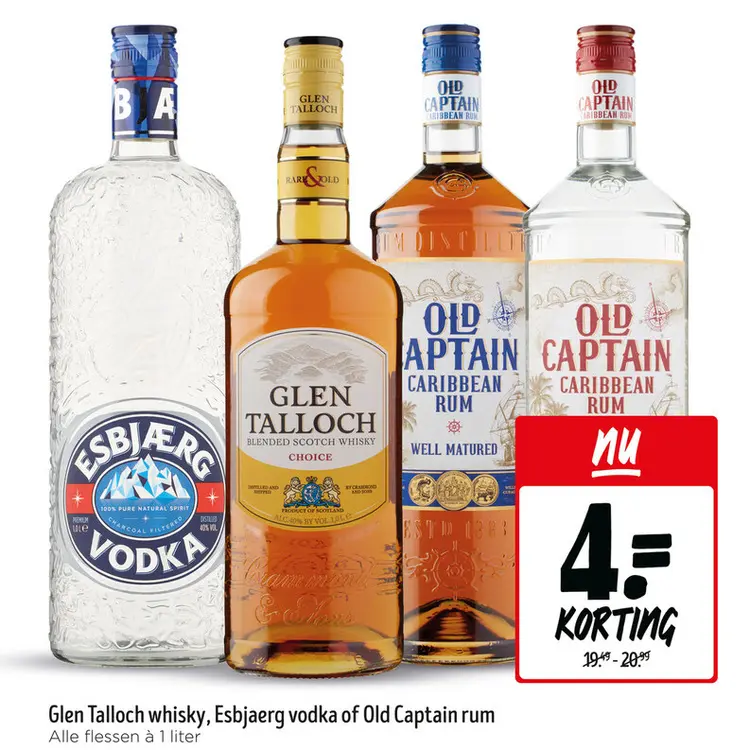 Aanbieding: Glen Talloch whisky, Esbjaerg vodka of Old Captain rum