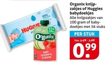 Aanbieding: Organix knijpzakjes of Huggies babydoekjes