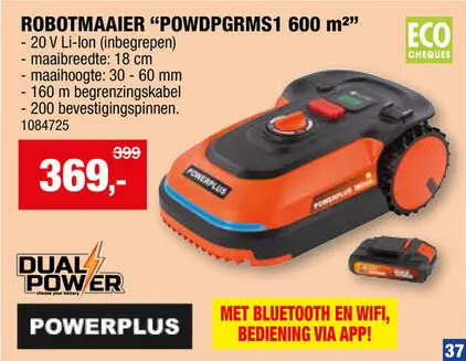 Promotie: Powerplus Dual Power POWDPGRMS1 accu robotmaaier 20V Li-Ion 600m² + lader