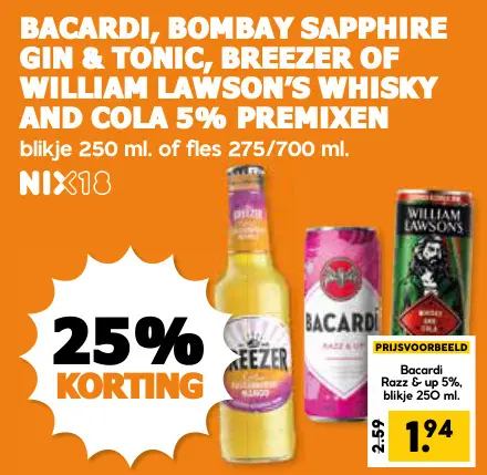 Aanbieding: Bacardi, Bombay Sapphire Gin & Tonic, Breezer of William Lawson's whisky and cola 5% premixen