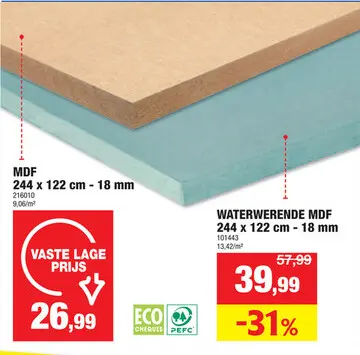 Promotie: MDF plaat 244x122 cm 18mm