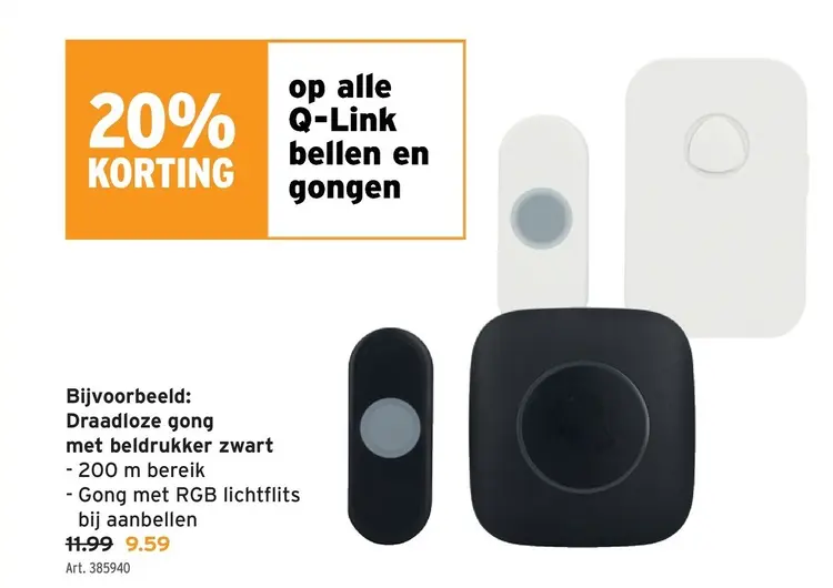 Promotie: Draadloze gong met beldrukker zwart