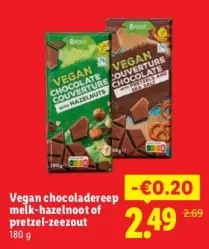 Aanbieding: Vegan chocoladereep melk-hazelnoot of pretzel-zeezout