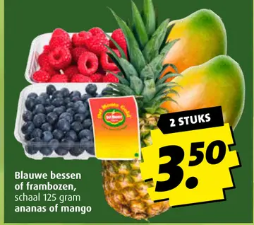 Aanbieding: Blauwe bessen of frambozen, schaal ananas of mango