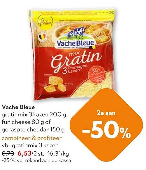 Promotie: Vache Bleue gratinmix 3 kazen, fun cheese of geraspte cheddar