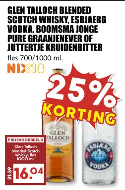 Aanbieding: Glen Talloch Blended Scotch Whisky, Esbjaerg vodka, Boomsma jonge pure graanjenever of Juttertje kruidenbitter