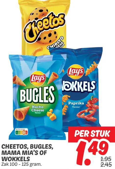 Aanbieding: Cheetos, bugles, mama mia's of wokkels
