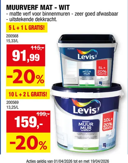 Promotie: Levis muurverf mat 6L wit