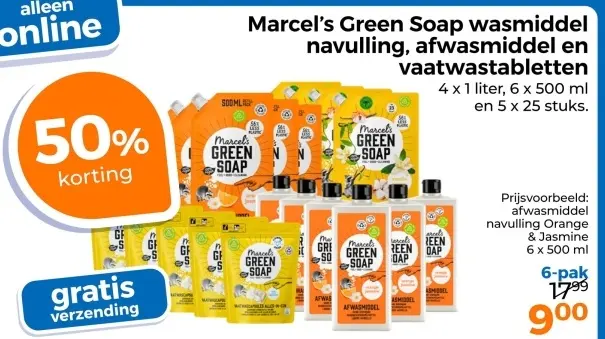 Aanbieding: Marcel's Green Soap wasmiddel navulling, afwasmiddel en vaatwastabletten