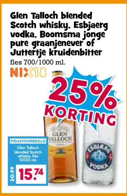 Aanbieding: Glen Talloch blended Scotch whisky, Esbjaerg vodka, Boomsma jonge pure graanjenever of Juttertje kruidenbitter