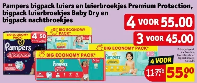 Aanbieding: Pampers bigpack luiers en luierbroekjes Premium Protection, bigpack luierbroekjes Baby Dry en bigpack nachtbroekjes
