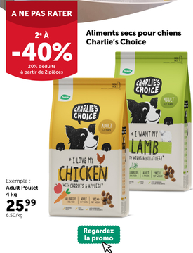 Offre: Aliments secs pour chiens Charlie's Choice Adult Poulet