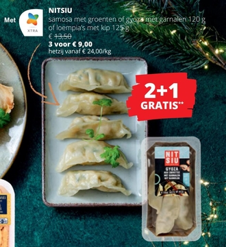 Aanbieding: NITSIU samosa met groenten of gyoza met garnalen of loempia's met kip