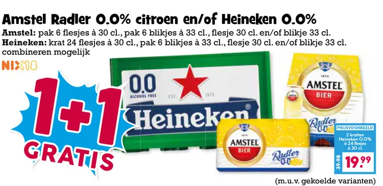 Aanbieding: Amstel Radler 0.0% citroen en/of Heineken 0.0 %
