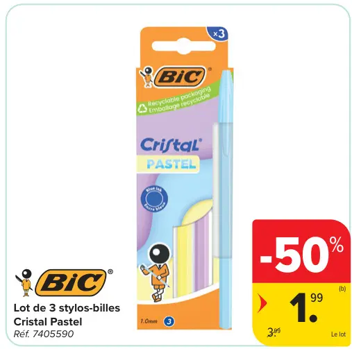 Offre: Lot de 3 stylos-billes Cristal Pastel