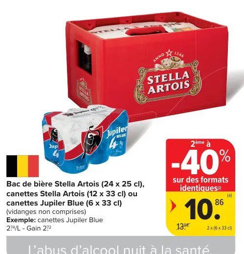 Offre: Bac de bière Stella Artois ou canettes Stella Artois ou canettes Jupiler Blue